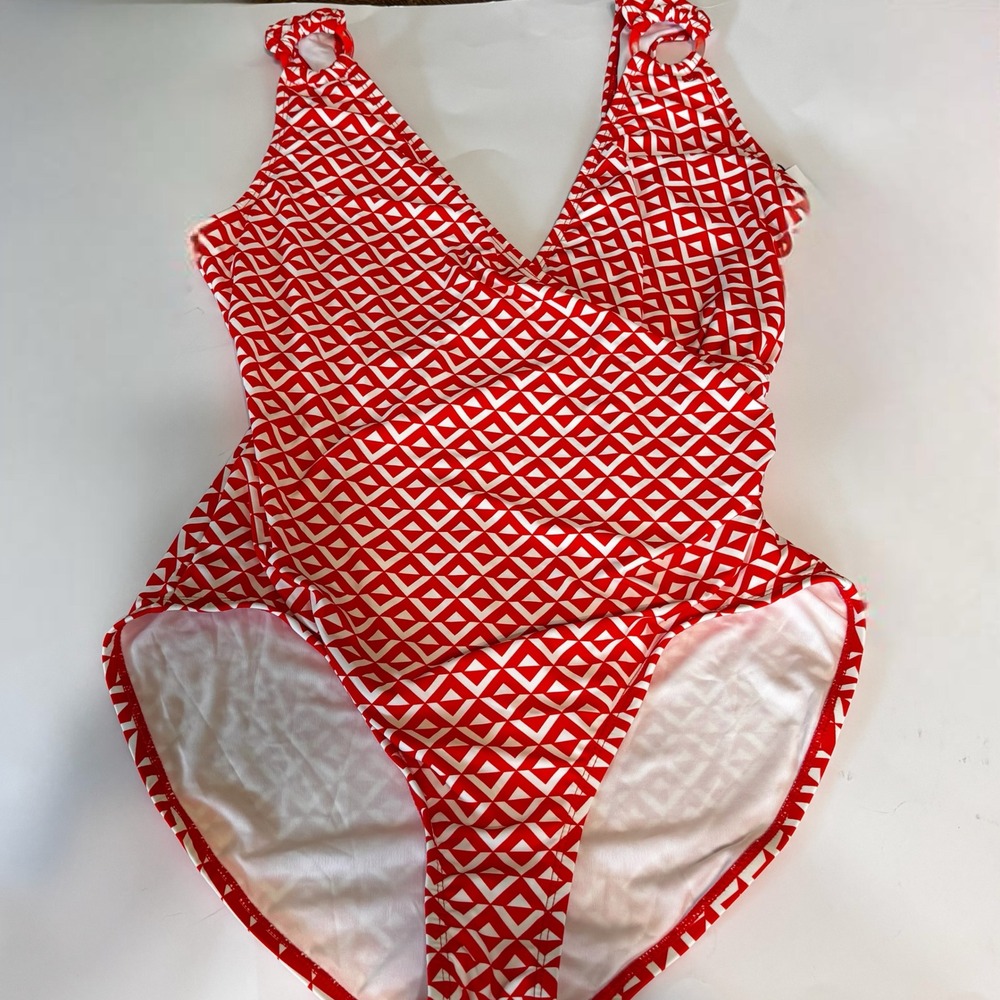Carmen Marc Valvo Swimsuit Women 14 Red White NWT Geometric Wrap One Piece